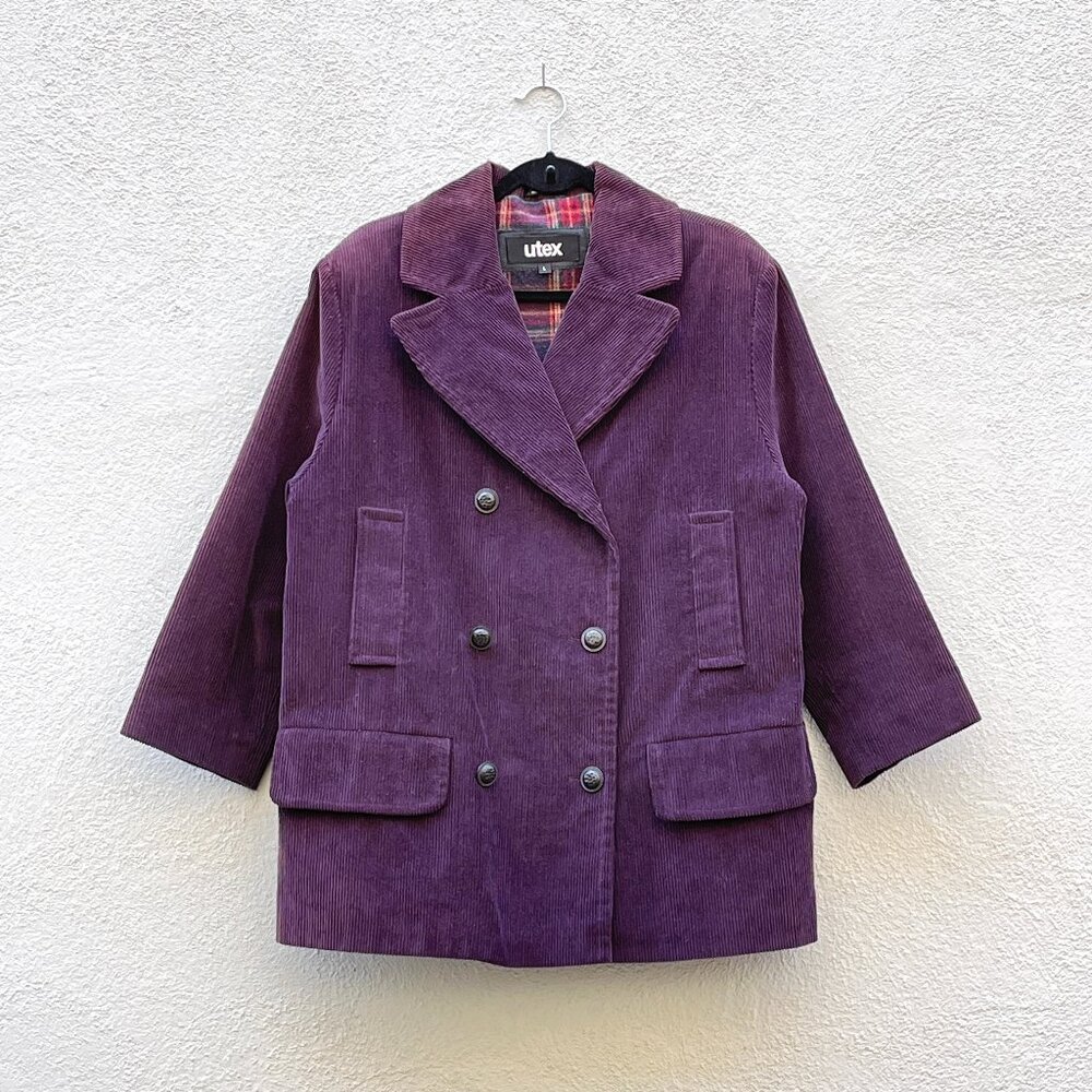 Utex Women's Purple Cotton Corduroy & Plaid Flannel Peacoat Coat Jacket Large
